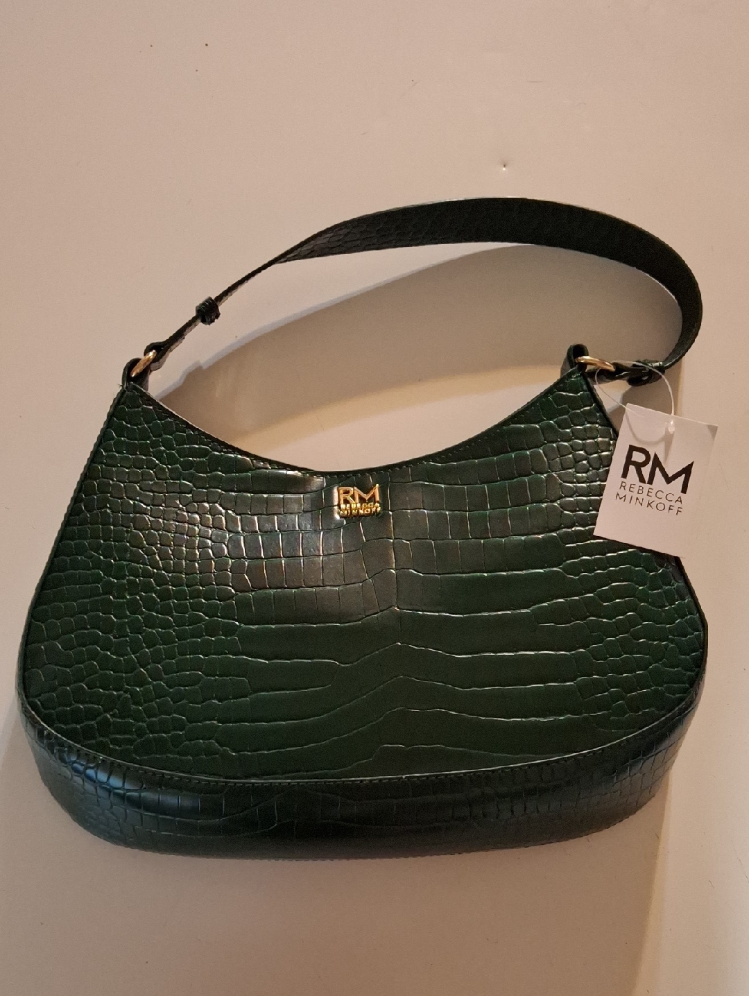 Rebecca Minkoff Dark Green CrocEmbossed Shoulder Bag With Gold Logo